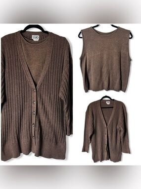 Clio Vintage 90s Ribbed Cardigan Tank Sweater Set Heather Brown 100% Cotton Sz M